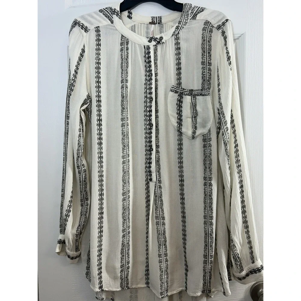 Free People Women's Tunic Shibori Magic Long Sleeve Vanilla combo Boho Small